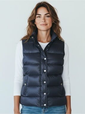 J CREW ladies, navy puffer, jacket, size, medium, zipper snap closure, exc cond